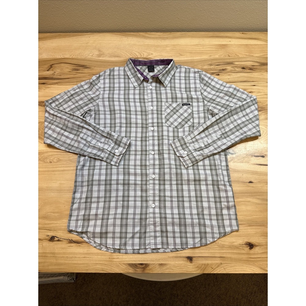 Oakley Mens Designer Long Sleeve Olive Purple Plaid Casual Shirt Size Large